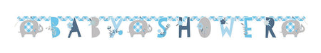 Blue and gray jointed paper banner spelling "BABY SHOWER" with elephant and floral cutout designs, approximately 6 feet long.