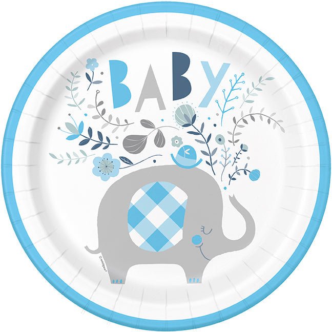Round paper plate with blue rim featuring a gray elephant with blue diamond pattern, surrounded by "BABY" text and blue and gray botanical illustrations.