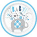 Round paper plate with blue rim featuring a gray elephant with blue diamond pattern, surrounded by "BABY" text and blue and gray botanical illustrations.