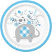 Round paper plate with blue rim featuring a gray elephant with blue diamond pattern and blue floral botanical design overhead.