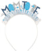 White headband with blue and gray floral decorations, letters spelling "MOM TO BE," and pleated white fabric details along the crown.
