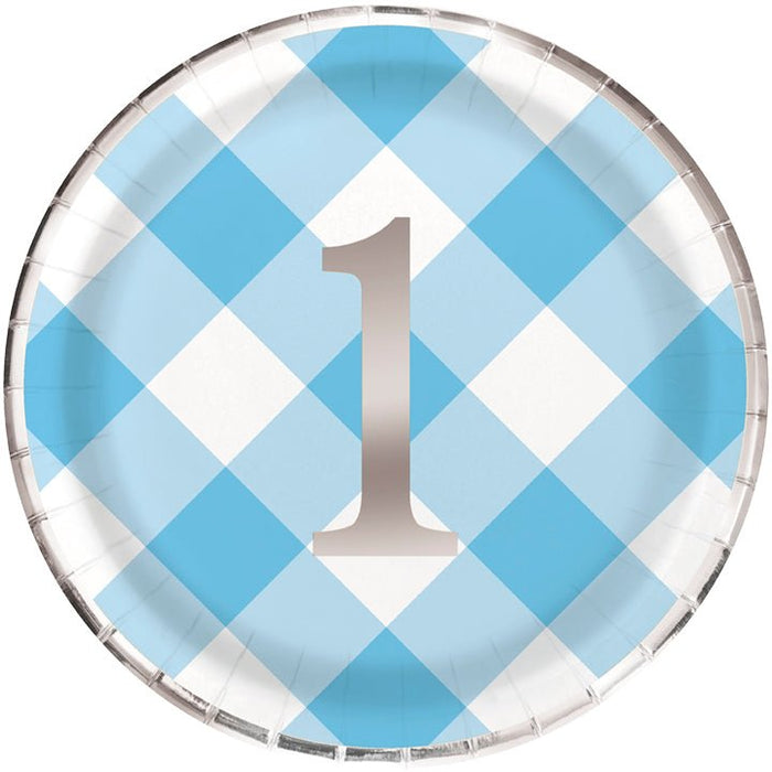 8ct - 9in Round Plate Blue Gingham - Party Supplies