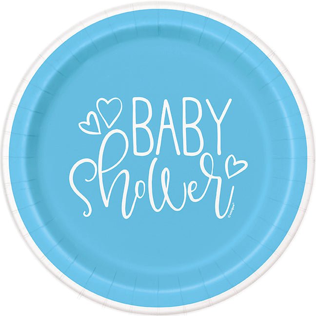 Light blue disposable round plate with white rim and "Baby Shower" text decorated with heart designs.