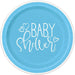 Light blue disposable round plate with white rim and "Baby Shower" text decorated with heart designs.