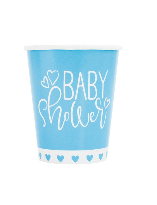 Light blue disposable cup with white text reading "Baby Shower" surrounded by decorative heart designs and a heart pattern band at the bottom.