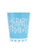 Light blue disposable cup with white text reading "Baby Shower" surrounded by decorative heart designs and a heart pattern band at the bottom.