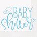 Blue paper napkins featuring "Baby Shower" text in script with decorative hearts on a white background, pack of 16.