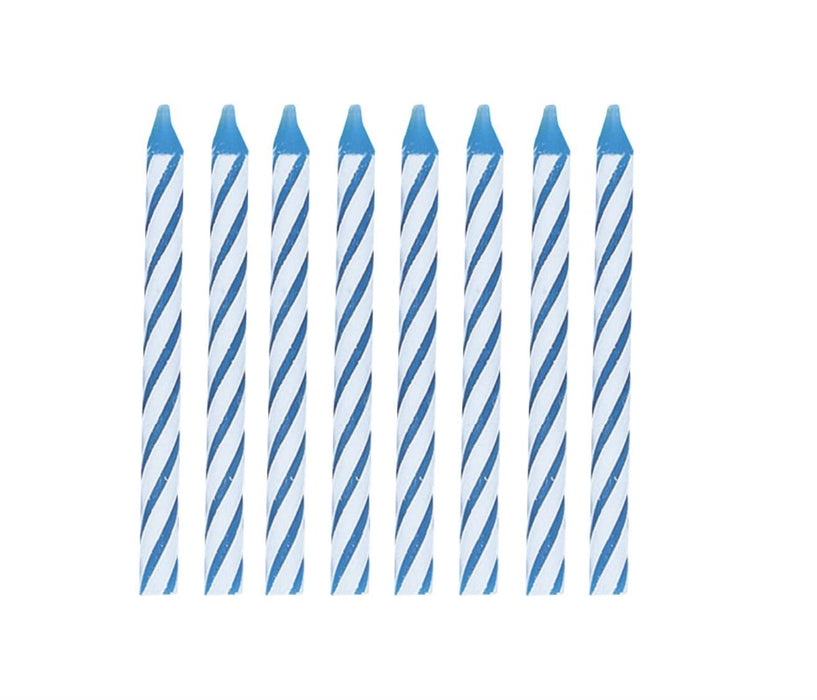 Eight blue and white spiral birthday candles with flame-shaped tops arranged in a single row against a white background.