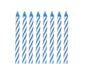 Eight blue and white spiral birthday candles with flame-shaped tops arranged in a single row against a white background.