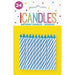 Package of 24 blue and white spiral birthday candles with flame-shaped tops arranged in rows on a bright yellow background.