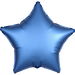Blue metallic star-shaped mylar balloon with five pointed tips and a small fill valve at the top.