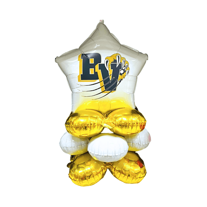 Star-shaped foil balloon with blue and gold school logo at top, surrounded by four gold and white round foil balloons arranged in a cluster formation.