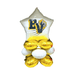 Star-shaped foil balloon with blue and gold school logo at top, surrounded by four gold and white round foil balloons arranged in a cluster formation.