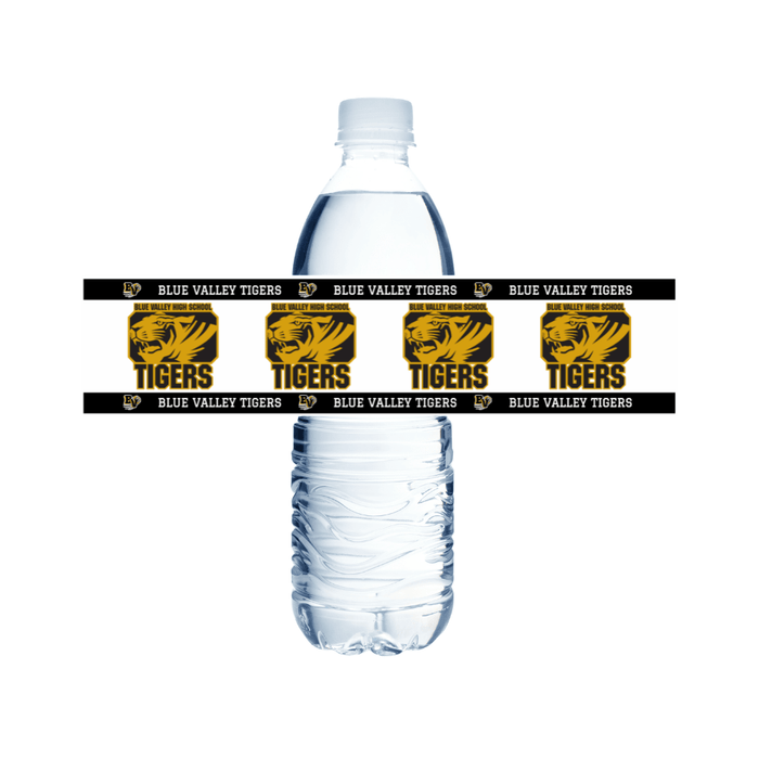 Clear plastic water bottle wrapped with a black and gold Blue Valley Tigers school logo label featuring a tiger mascot and repeated text around the middle.