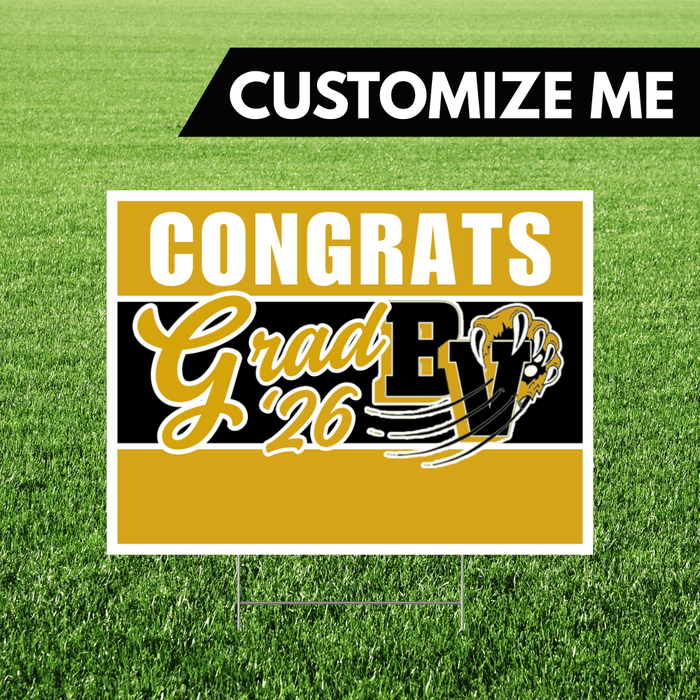 Graduation-themed customizable sign with 'Congrats Grad 26' text on a grass background