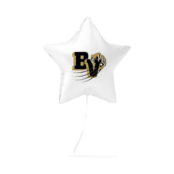White star-shaped balloon with a logo on a white background