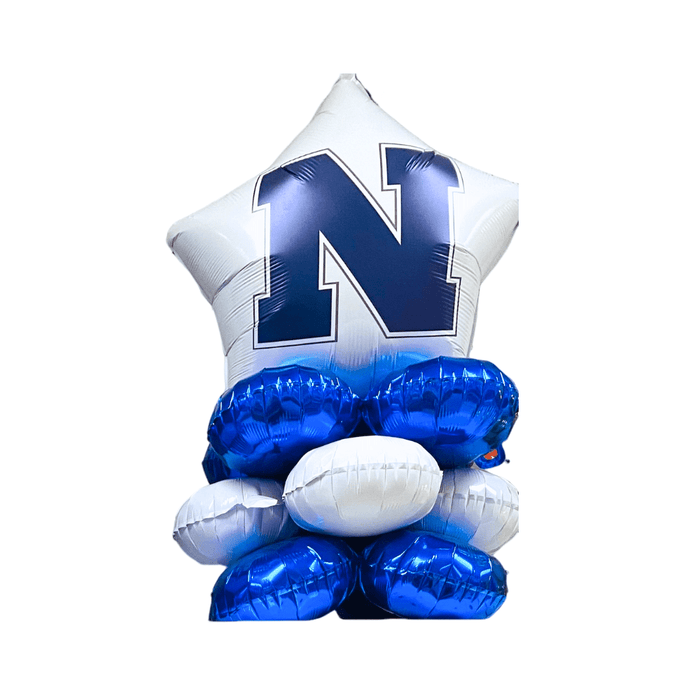 Stack of four blue and white foil balloons with a navy "N" logo on top, forming a decorative column arrangement.
