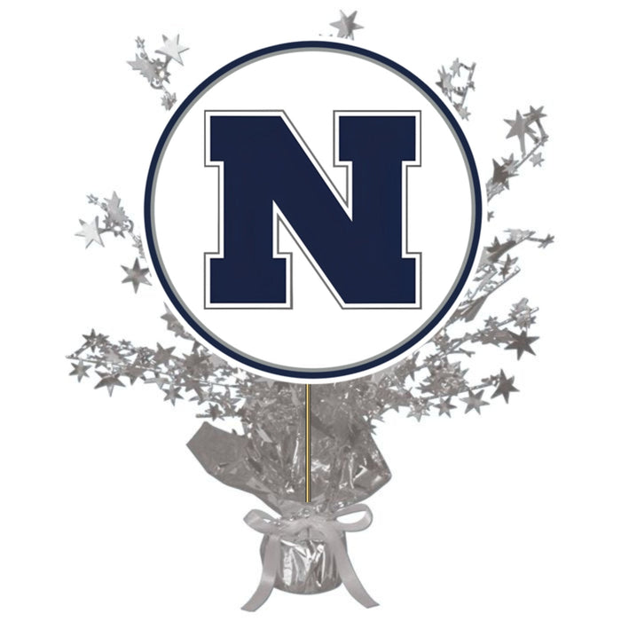 Decorative item with a large 'N' logo surrounded by silver stars and tinsel on a white background.