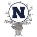 Decorative item with a large 'N' logo surrounded by silver stars and tinsel on a white background.