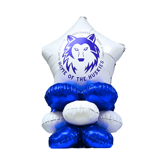 White and blue star-shaped foil balloon featuring a purple wolf head logo and text reading "Home of the Huskies" and "Northwest High School," stacked with blue and white rounded balloon sections below.