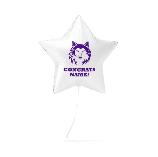 White star-shaped mylar balloon with a purple wolf head logo and "CONGRATS NAME!" text in purple lettering.