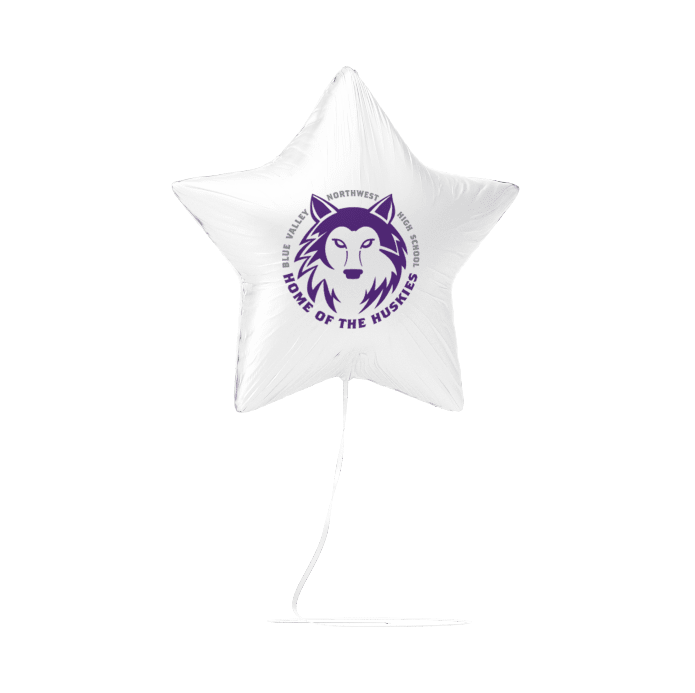 White star-shaped balloon with purple wolf logo and "Home of the Huskies" text, displayed against a white background.