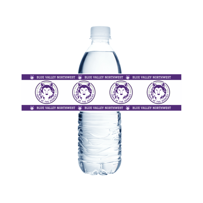 Clear plastic water bottle wrapped with a purple band featuring wolf head logos and "Blue Valley Northwest" text repeated across the label.