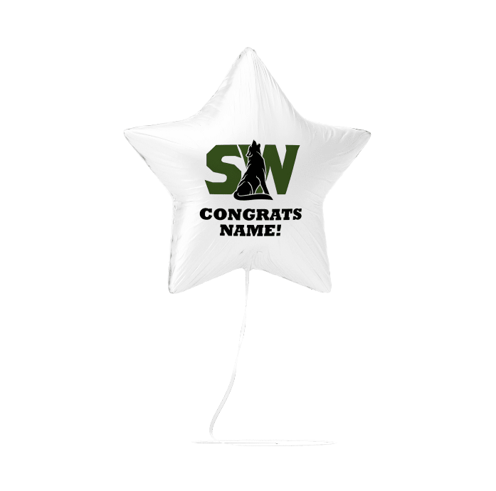 White star-shaped foil balloon with green SW logo and black text reading "CONGRATS NAME!" on the front.