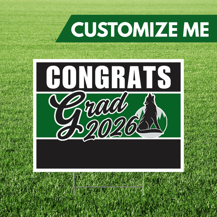 Graduation-themed customizable sign with 'Congrats Grad 2026' on a grass background