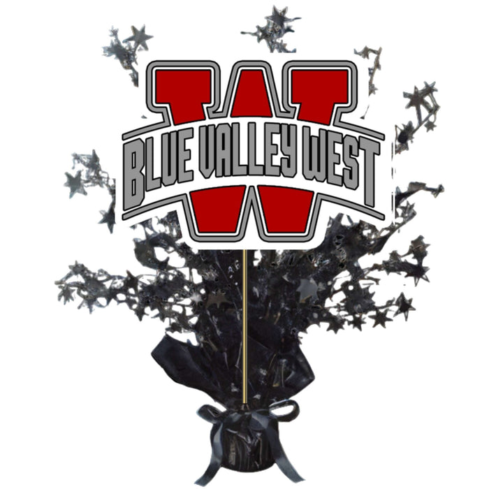 Blue Valley West logo with red shield design sits atop a black decorative centerpiece base with star bursts and a black ribbon bow.