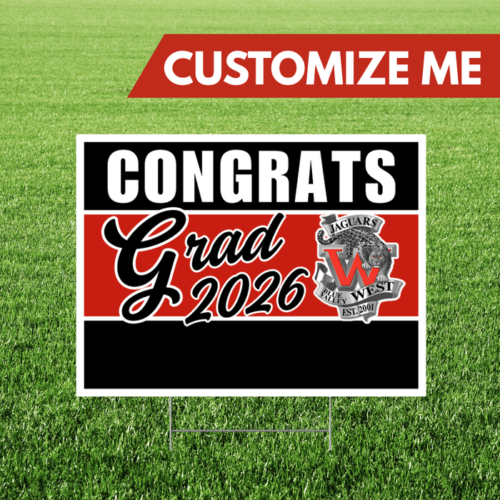 Graduation-themed customizable sign with 'Congrats Grad 2026' on a grass background