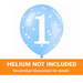 Light blue 12-inch first birthday latex balloon with white number 1, white confetti accents, and orange “Helium Not Included” banner at the bottom.
