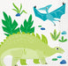 Dinosaur-themed beverage napkins featuring illustrated green and teal prehistoric creatures with plants and rocks on a checkered green background.