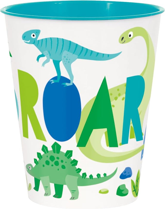 Turquoise plastic cup with white exterior decorated with colorful dinosaur illustrations in blue, green, and lime, including a long-necked dinosaur, stegosaurus, and other prehistoric creatures.