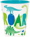 Turquoise plastic cup with white exterior decorated with colorful dinosaur illustrations in blue, green, and lime, including a long-necked dinosaur, stegosaurus, and other prehistoric creatures.