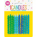 Package of 10 spiral birthday candles in shades of green, light blue, dark blue, and teal with yellow polka dots, displayed against a bright yellow background.