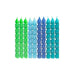 Ten spiral birthday candles arranged in a row, featuring three green, two light blue, two dark blue, and three teal candles with pointed tops.