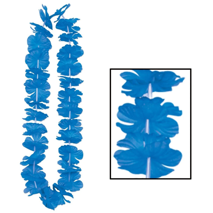 Six bright blue flower leis arranged vertically with a close-up detail view showing the individual petal structure and white stamens.