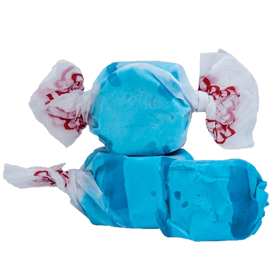 Bright blue salt water taffy candies wrapped in white and red paper, displayed in a pile showing the chunky cylindrical sweets.