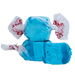 Bright blue salt water taffy candies wrapped in white and red paper, displayed in a pile showing the chunky cylindrical sweets.