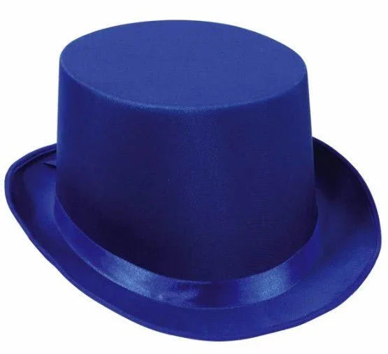 Royal blue satin top hat with a glossy ribbon band around the brim, displayed against a white background.