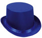 Royal blue satin top hat with a glossy ribbon band around the brim, displayed against a white background.