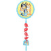 Blue and yellow foil airwalker balloon featuring cartoon blue dog family with four characters in the main circle, connected to a handle by a string of four red heart-shaped balloons.