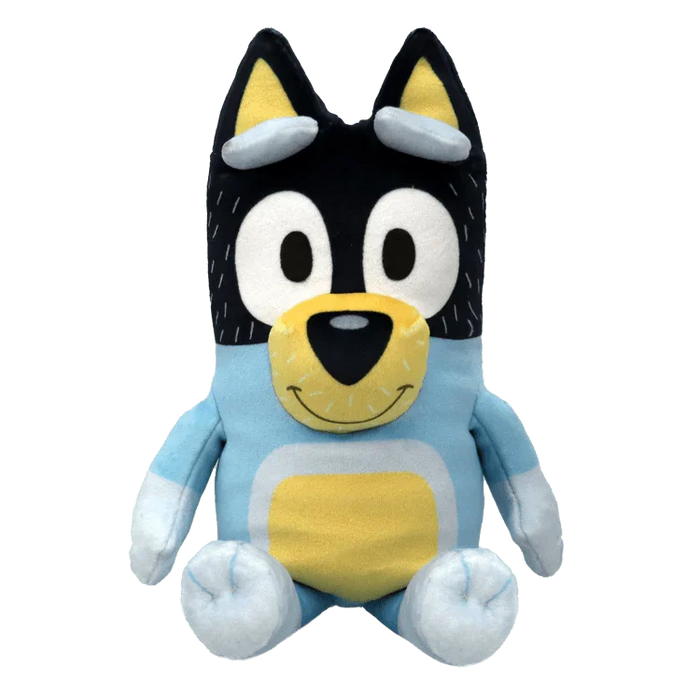 Plush toy of a black and yellow dog character wearing a light blue shirt with yellow belly patch and white paws, sitting upright with a friendly expression.