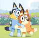 Two cartoon dogs, one blue and one orange with white markings, hugging in a garden with purple flowers and green plants in the background.