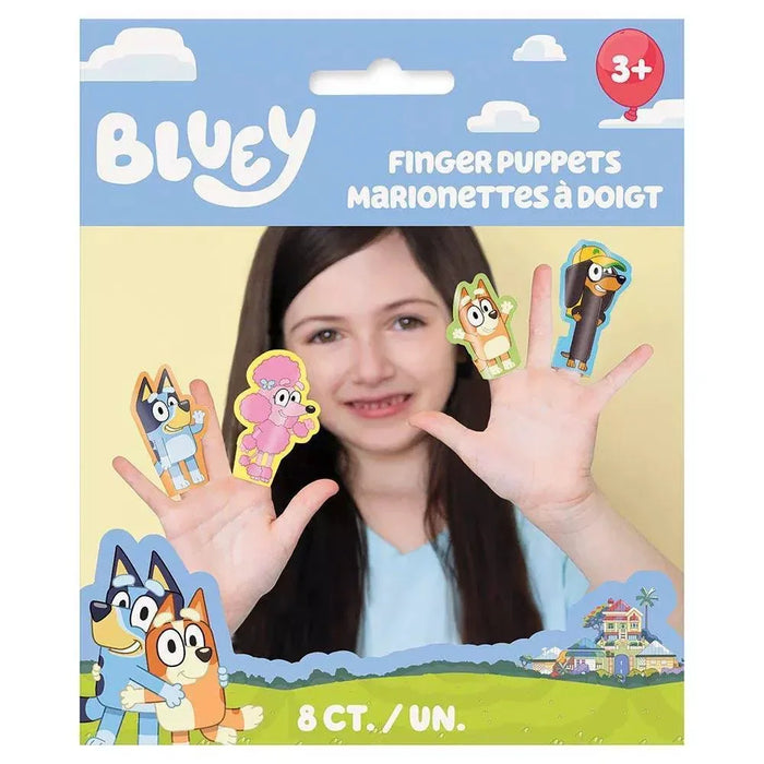 Bluey finger puppets packaging showing a child wearing five colorful character puppets on her fingers, with eight total puppets displayed on the box.