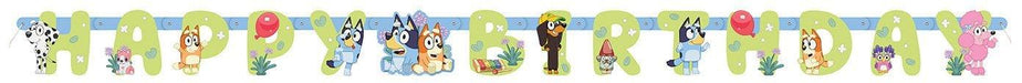 Colorful jointed banner spelling "HAPPY BIRTHDAY" in large green letters with Bluey cartoon characters and decorative elements positioned throughout the 6-foot-long decoration.