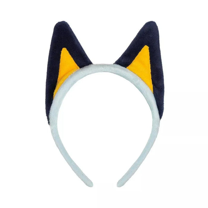 Plush cat ear headband with a light gray band, dark navy outer ears, and bright yellow inner ears.