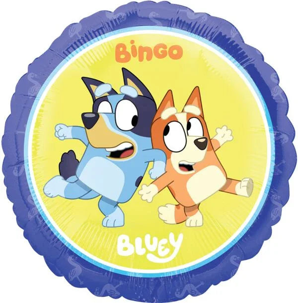 Purple round mylar balloon with yellow circular center featuring Bingo and Bluey characters and text reading "Bingo" and "Bluey.
