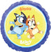 Purple round mylar balloon with yellow circular center featuring Bingo and Bluey characters and text reading "Bingo" and "Bluey.